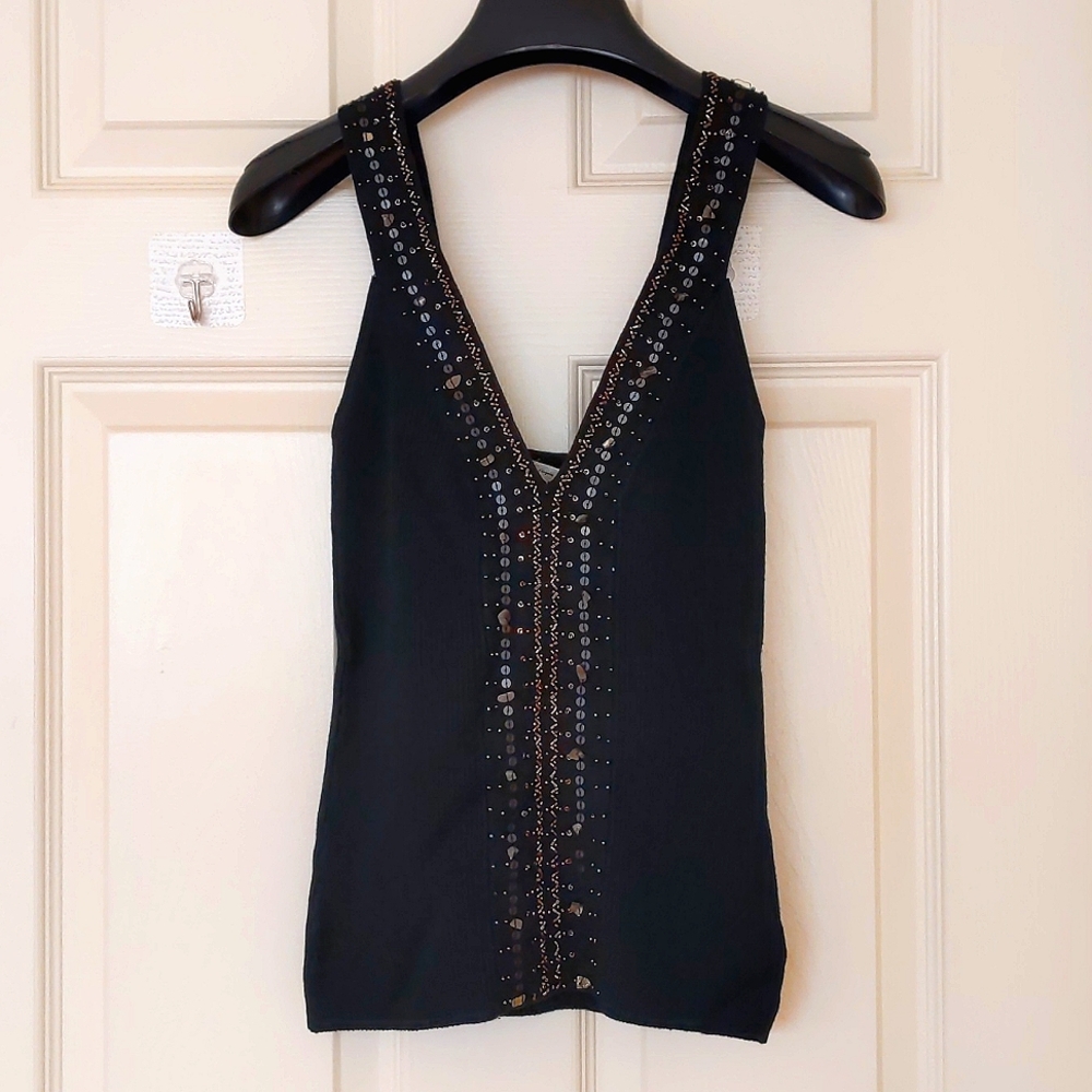 NWT. Knit bustier corset with handmade embroidery beaded sparkling front & strap